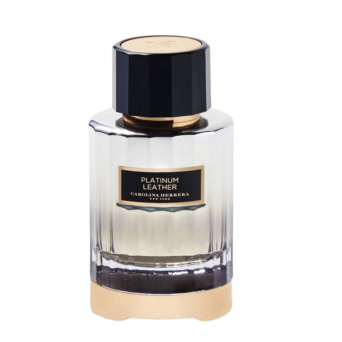 Refect Beauty Carolina Herrera Platinum Leather unisex eau de parfum in a sleek glass bottle with a black gold cap.