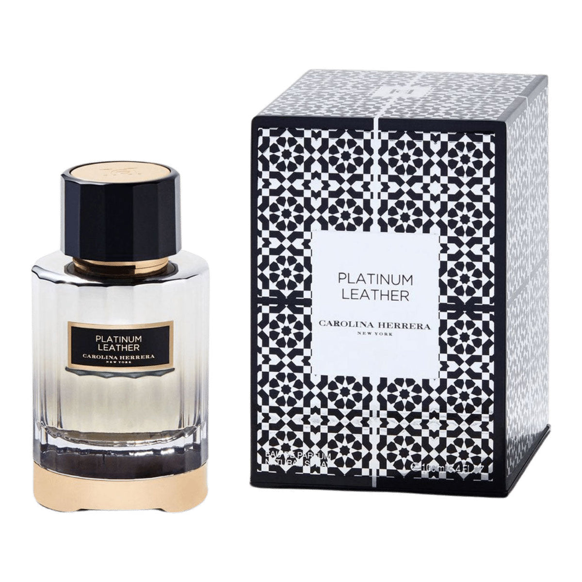Refect Beauty Carolina Herrera Platinum Leather unisex eau de parfum bottle and patterned gift box