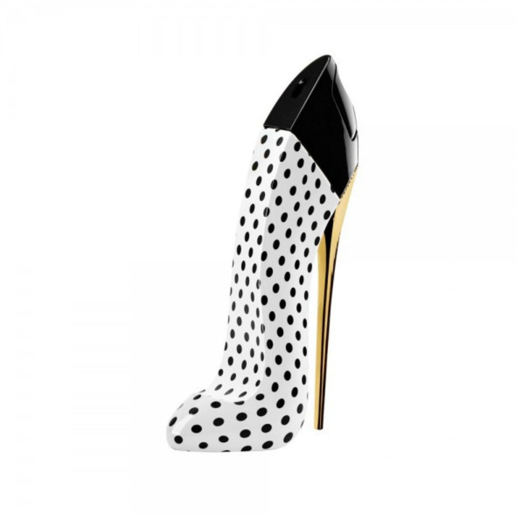 Refect Beauty Carolina Herrera Good Girl Blush Polka Paradise perfume bottle in a white stiletto shape with black dots