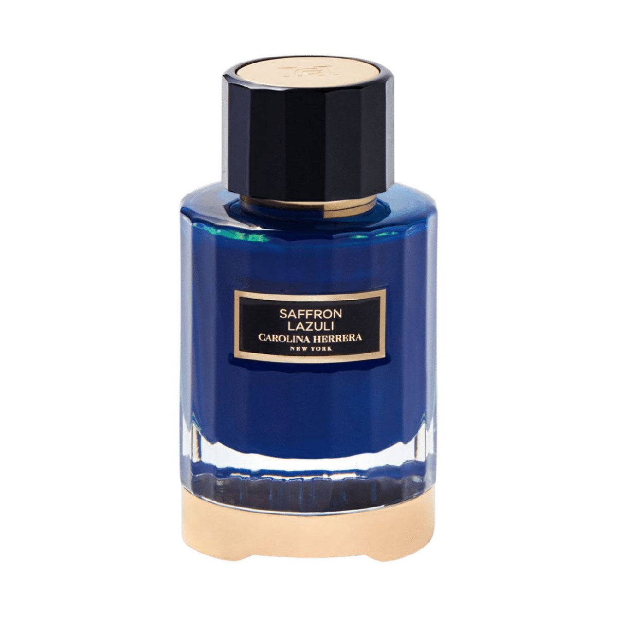 Refect Beauty Carolina Herrera Saffron Lazuli unisex eau de parfum in a deep blue glass bottle with gold base.
