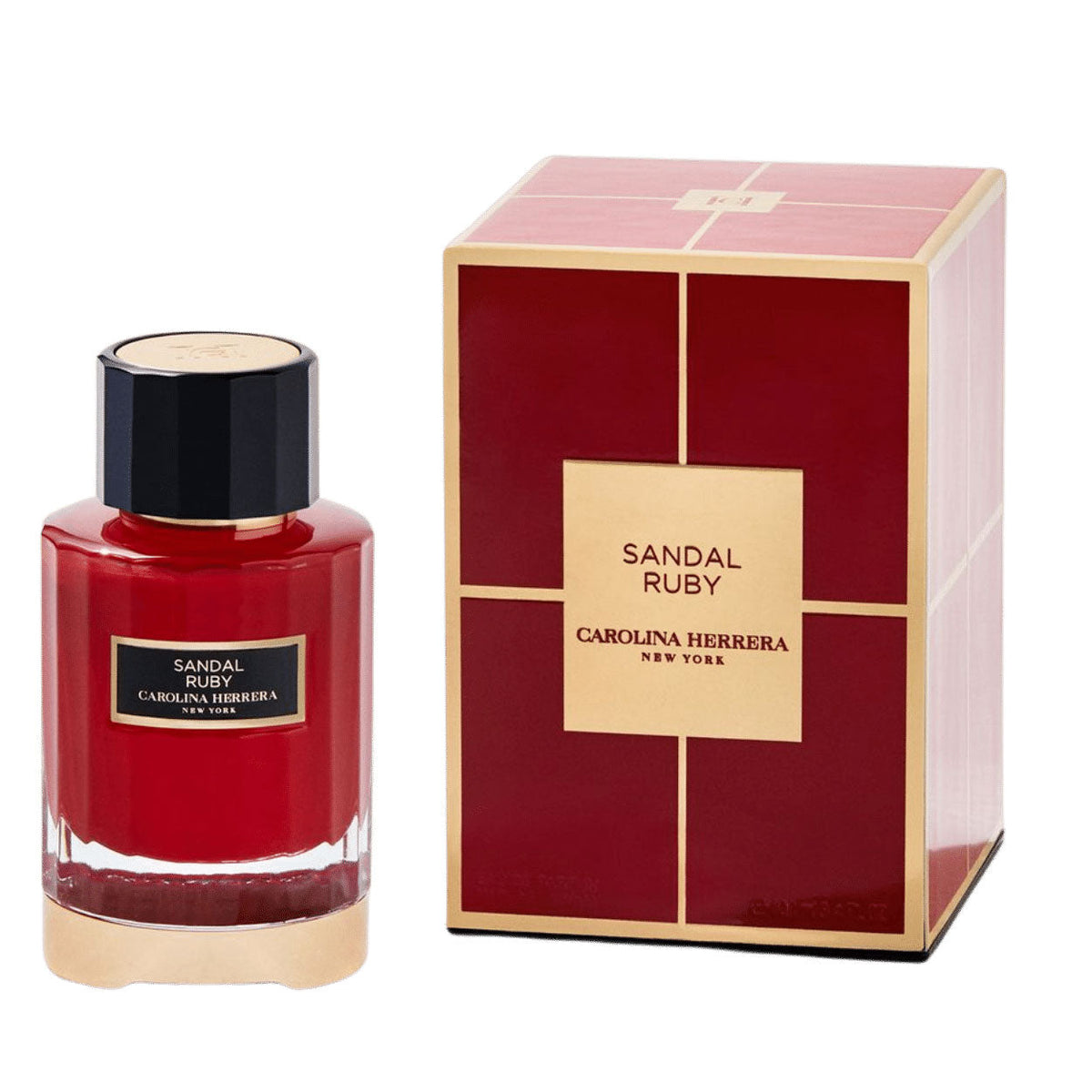 Refect Beauty Carolina Herrera Sandal Ruby unisex eau de parfum in a red glass bottle with matching gift box.