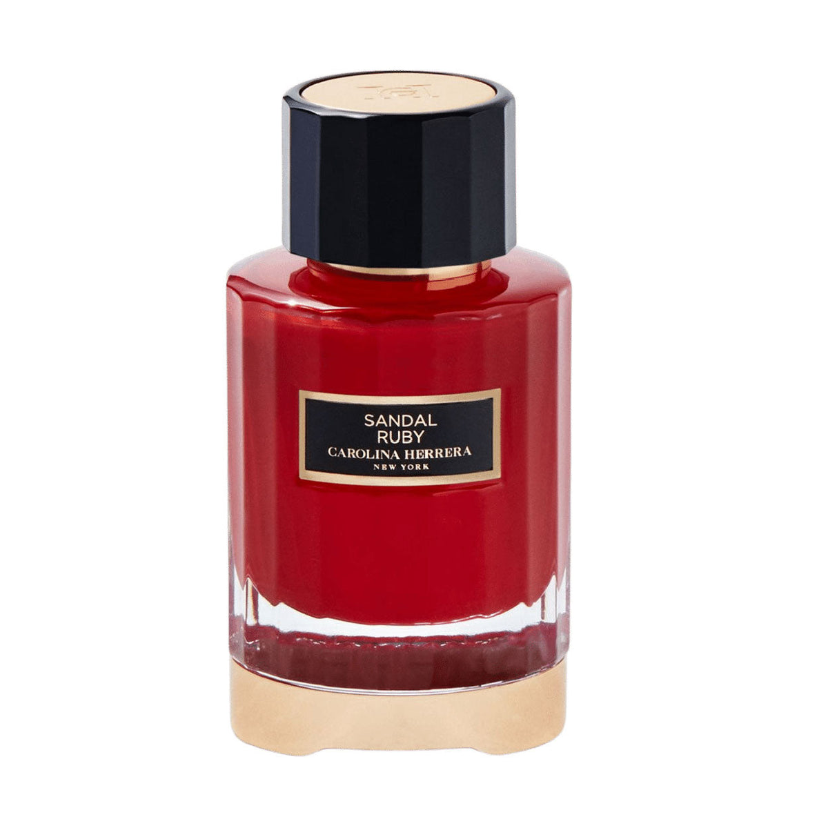 Refect Beauty Carolina Herrera Sandal Ruby unisex eau de parfum in a vibrant red glass bottle with a gold base.