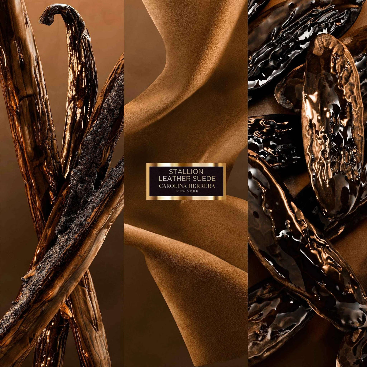 Refect Beauty Carolina Herrera Stallion Leather fragrance advertisement featuring vanilla beans and suede textures