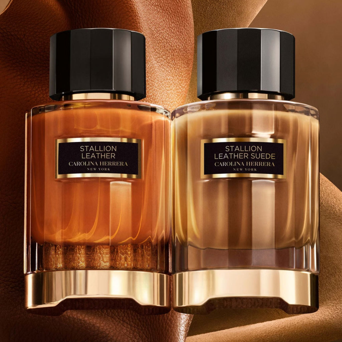 Refect Beauty Carolina Herrera Stallion Leather and Suede unisex eau de parfum bottles on a brown leather background