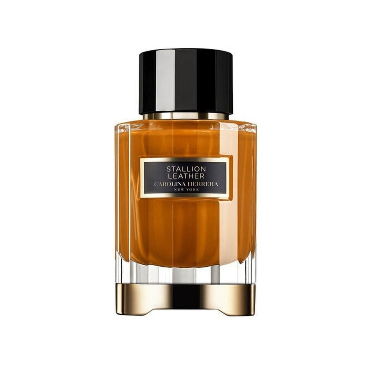 Refect Beauty Carolina Herrera Stallion Leather unisex eau de parfum in a glass bottle with gold and black accents.