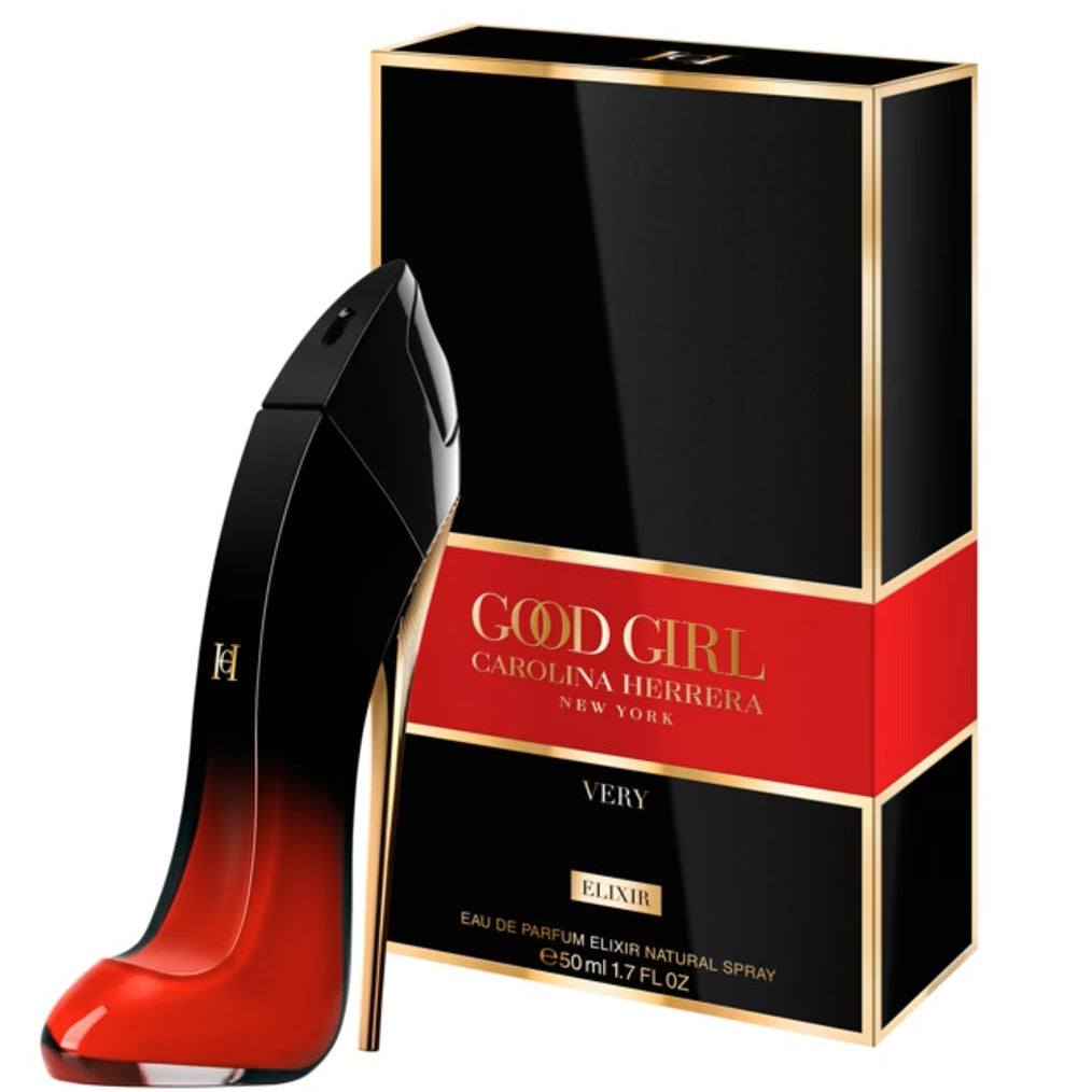 Refect Beauty Carolina Herrera Very Good Girl Elixir perfume bottle shaped like a stiletto heel next to its box