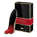 Refect Beauty Carolina Herrera Very Good Girl Elixir perfume bottle shaped like a stiletto next to its black box.