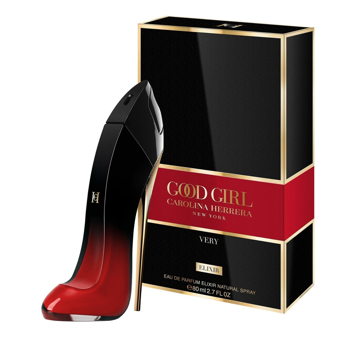 Refect Beauty Carolina Herrera Very Good Girl Elixir perfume bottle shaped like a stiletto next to its black box.