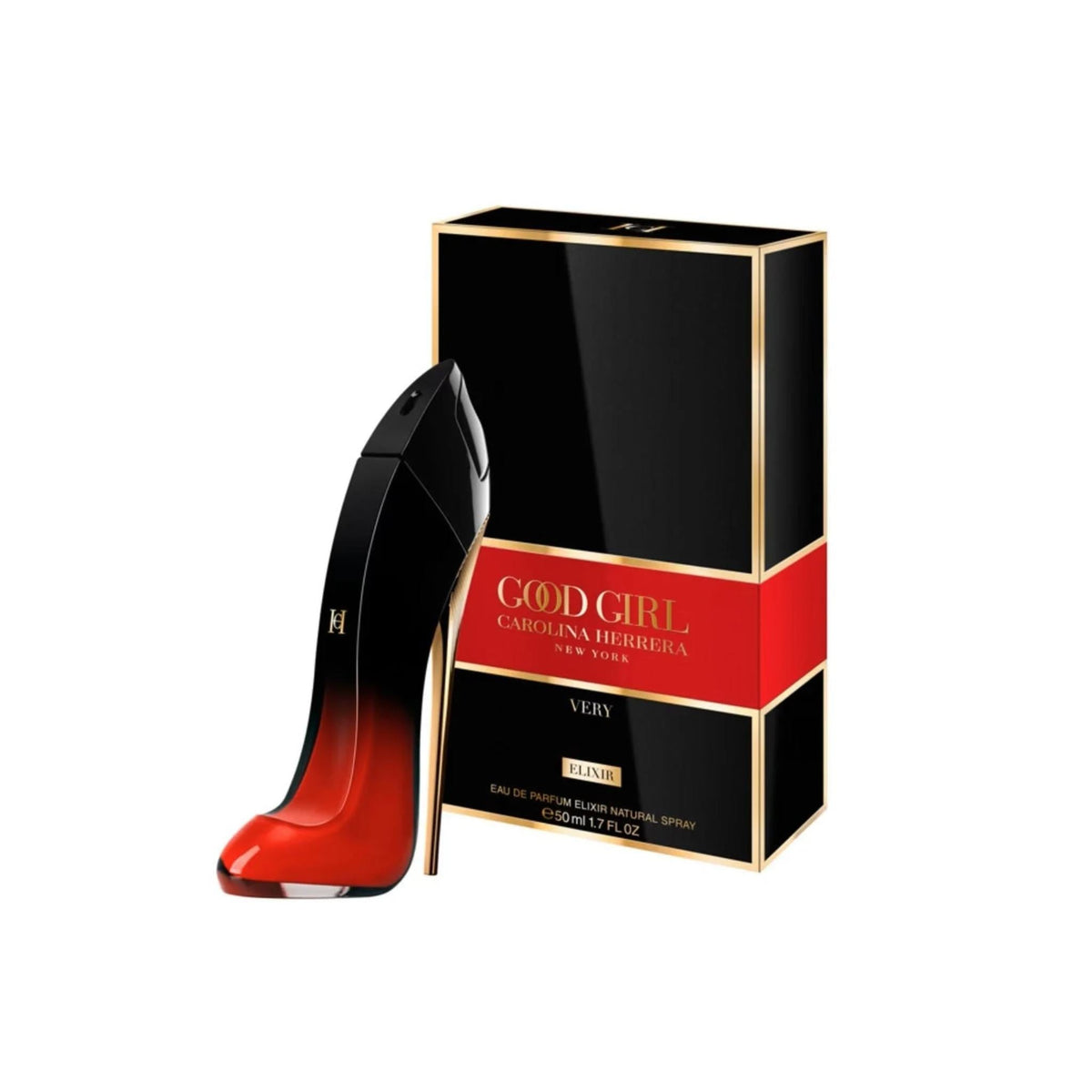 Refect Beauty Carolina Herrera Very Good Girl Elixir perfume bottle and box with black and red gradient design