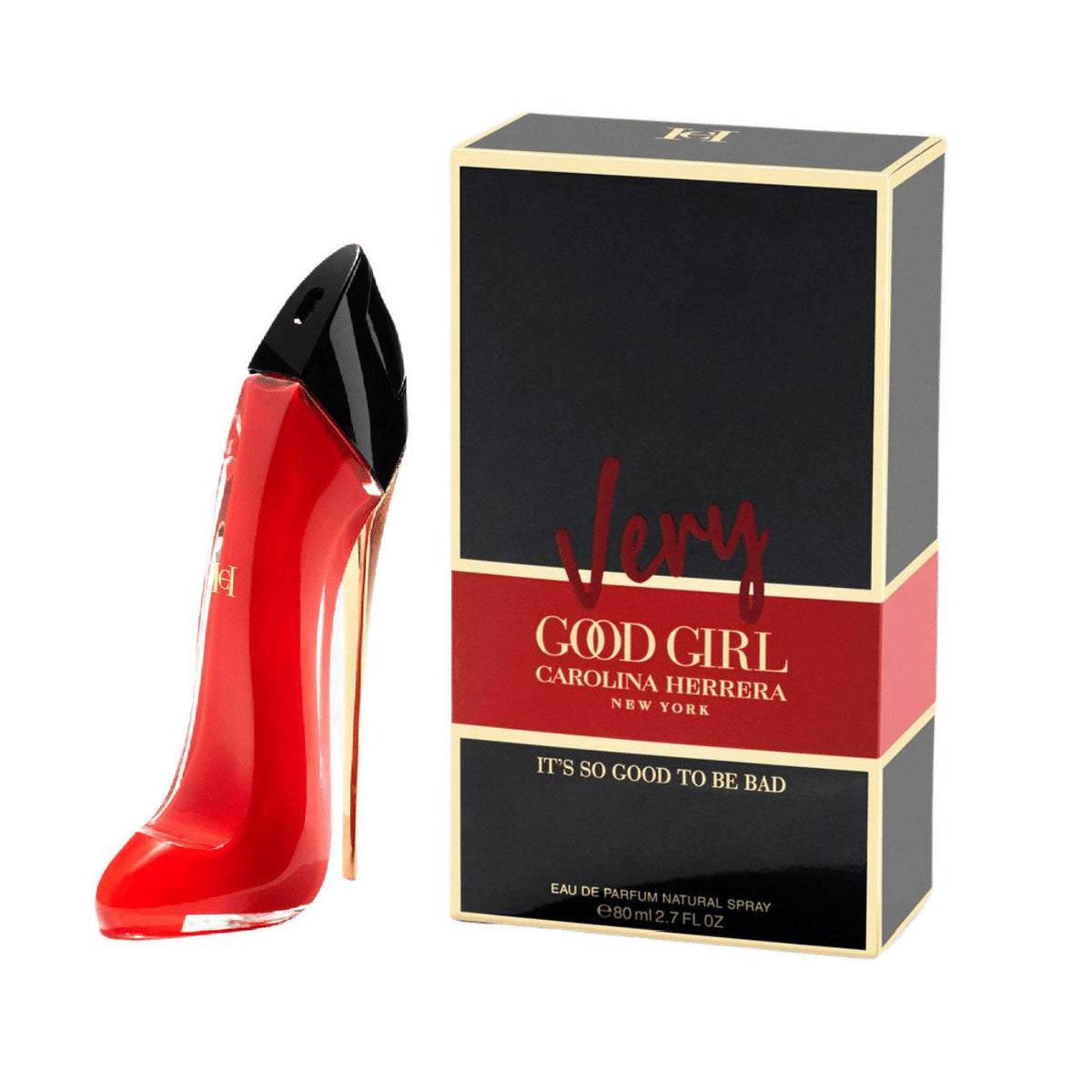 Refect Beauty Carolina Herrera Very Good Girl Eau de Parfum in a red stiletto-shaped bottle next to its black box.