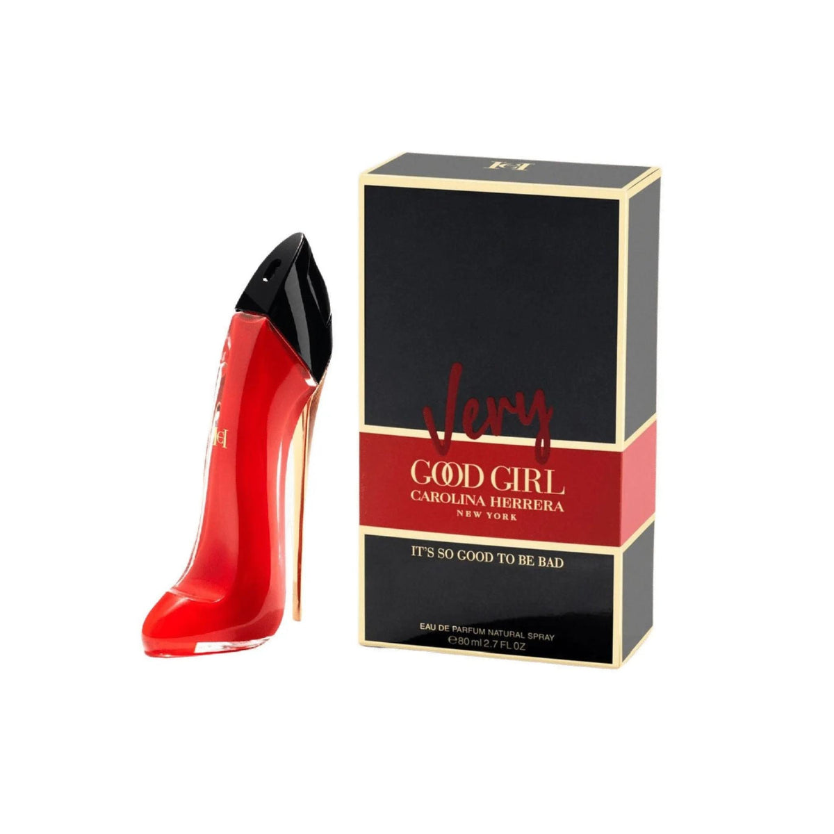 Refect Beauty Carolina Herrera Very Good Girl Eau de Parfum in a red stiletto heel bottle next to its black box.