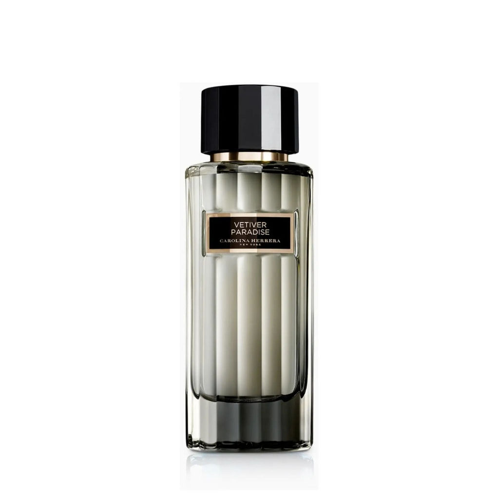 Refect Beauty Carolina Herrera Vetiver Paradise unisex eau de parfum in a sleek glass bottle with a black cap.