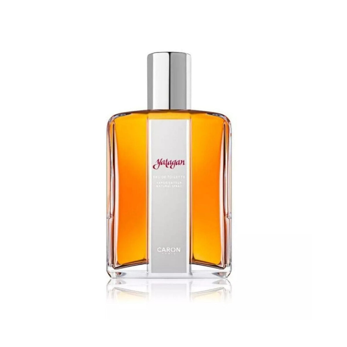 Refect Beauty Caron Yatagan Eau de Toilette in a rectangular glass bottle with amber liquid and silver cap.