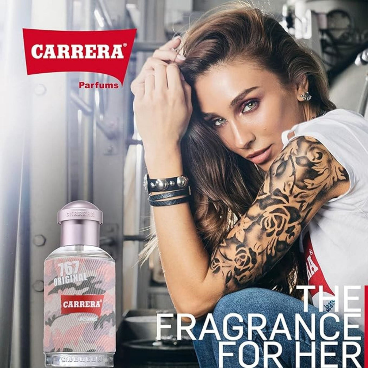 Refect Beauty Carrera Jeans 767 Camouflage Donna perfume bottle next to a stylish woman with a floral arm tattoo.