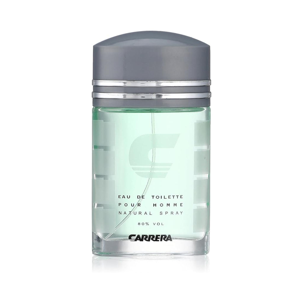 Refect Beauty Carrera Pour Homme Eau de Toilette in a clear glass bottle with a grey cap and light green fragrance