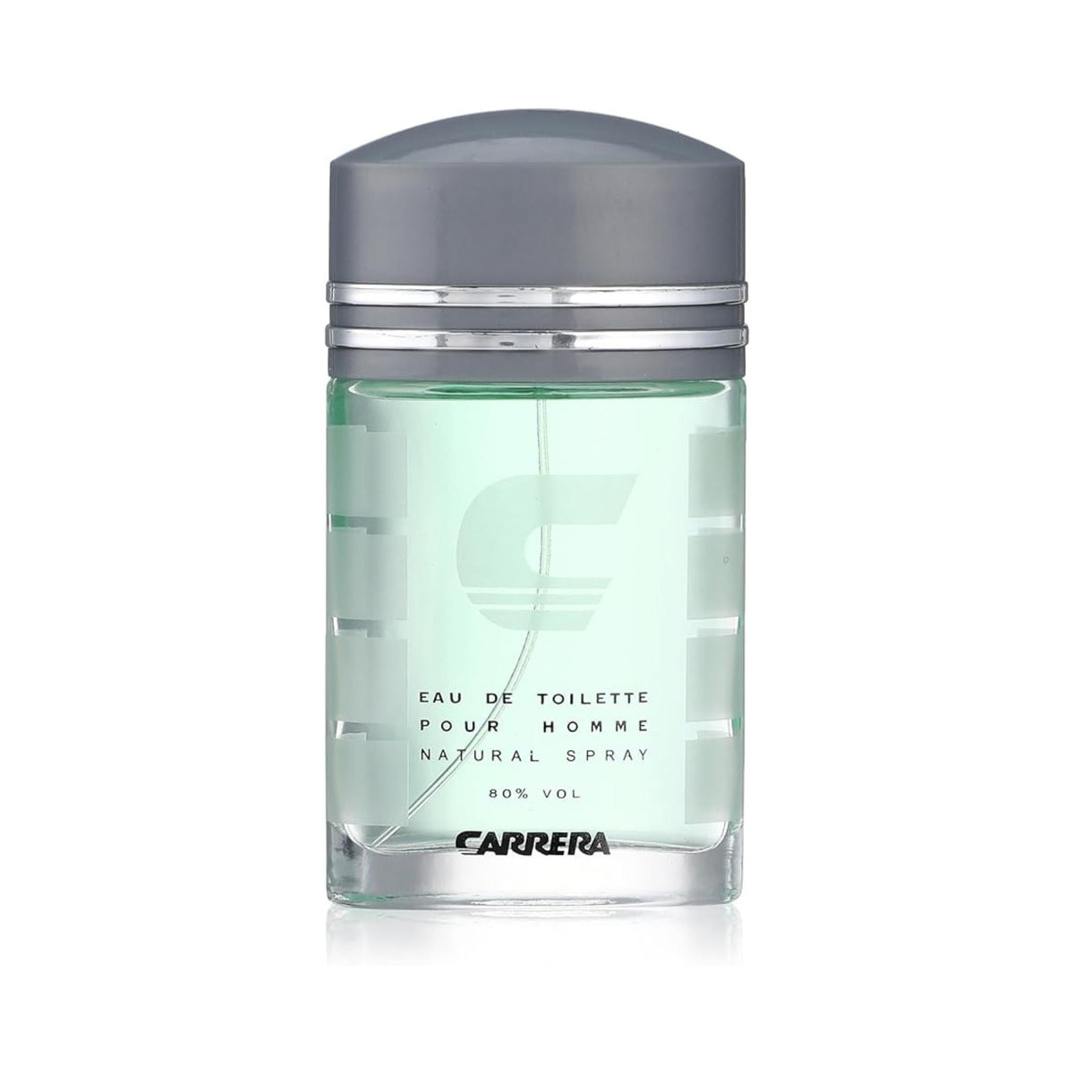 Refect Beauty Carrera Pour Homme Eau de Toilette in a clear glass bottle with a grey cap and light green fragrance