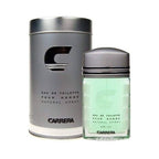 Refect Beauty Carrera Pour Homme eau de toilette spray bottle with its matching grey cylindrical metal container.