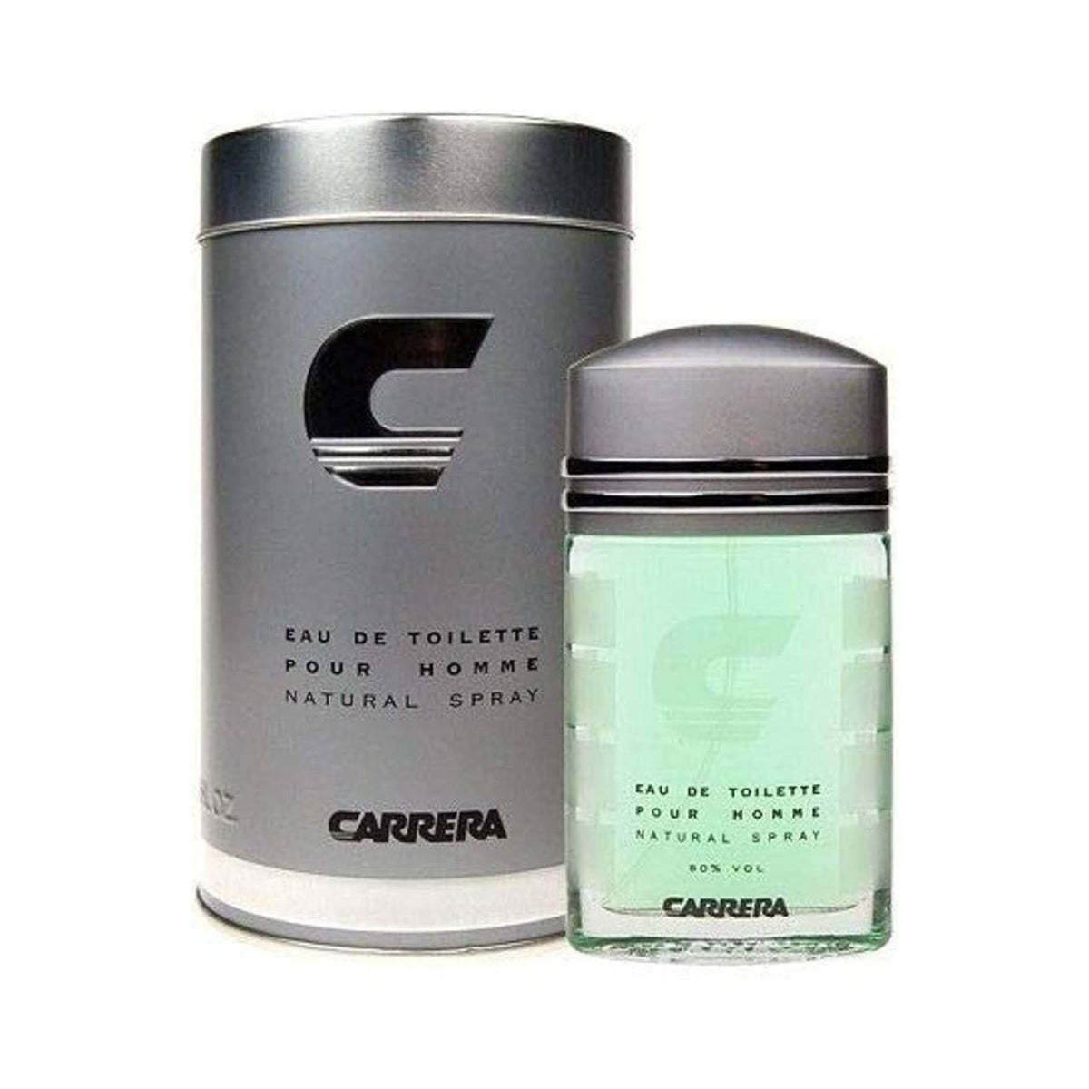 Refect Beauty Carrera Pour Homme eau de toilette spray bottle with its matching grey cylindrical metal container.
