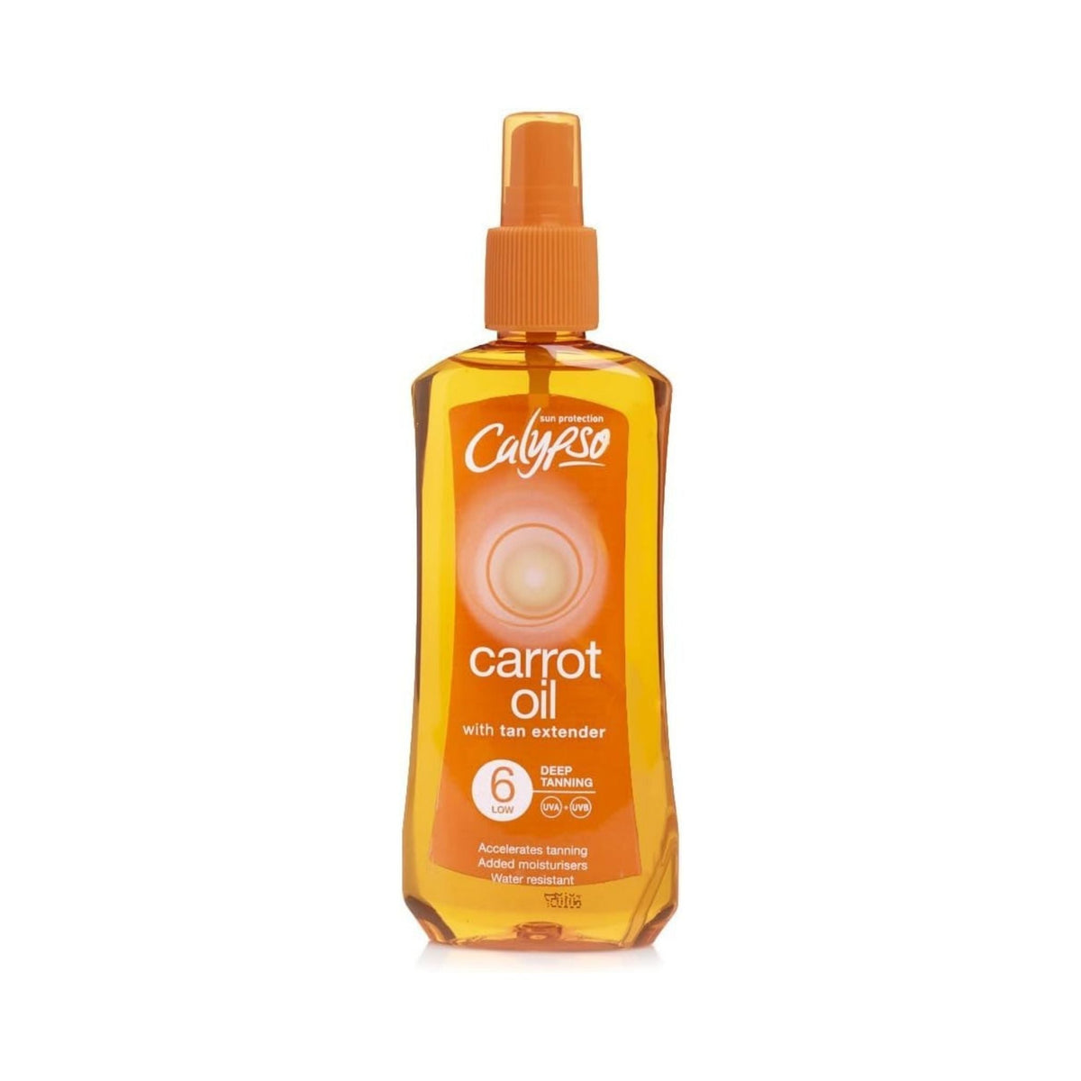 Refect Beauty Calypso Carrot Oil Deep Tanning Spray SPF6 in a clear orange bottle for a golden tan