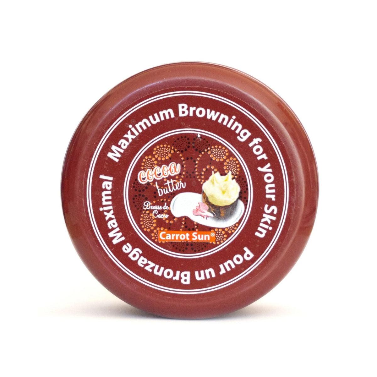 Refect Beauty Carrot Sun Cocoa Butter tanning cream in a round brown jar for deep skin hydration and tanning.