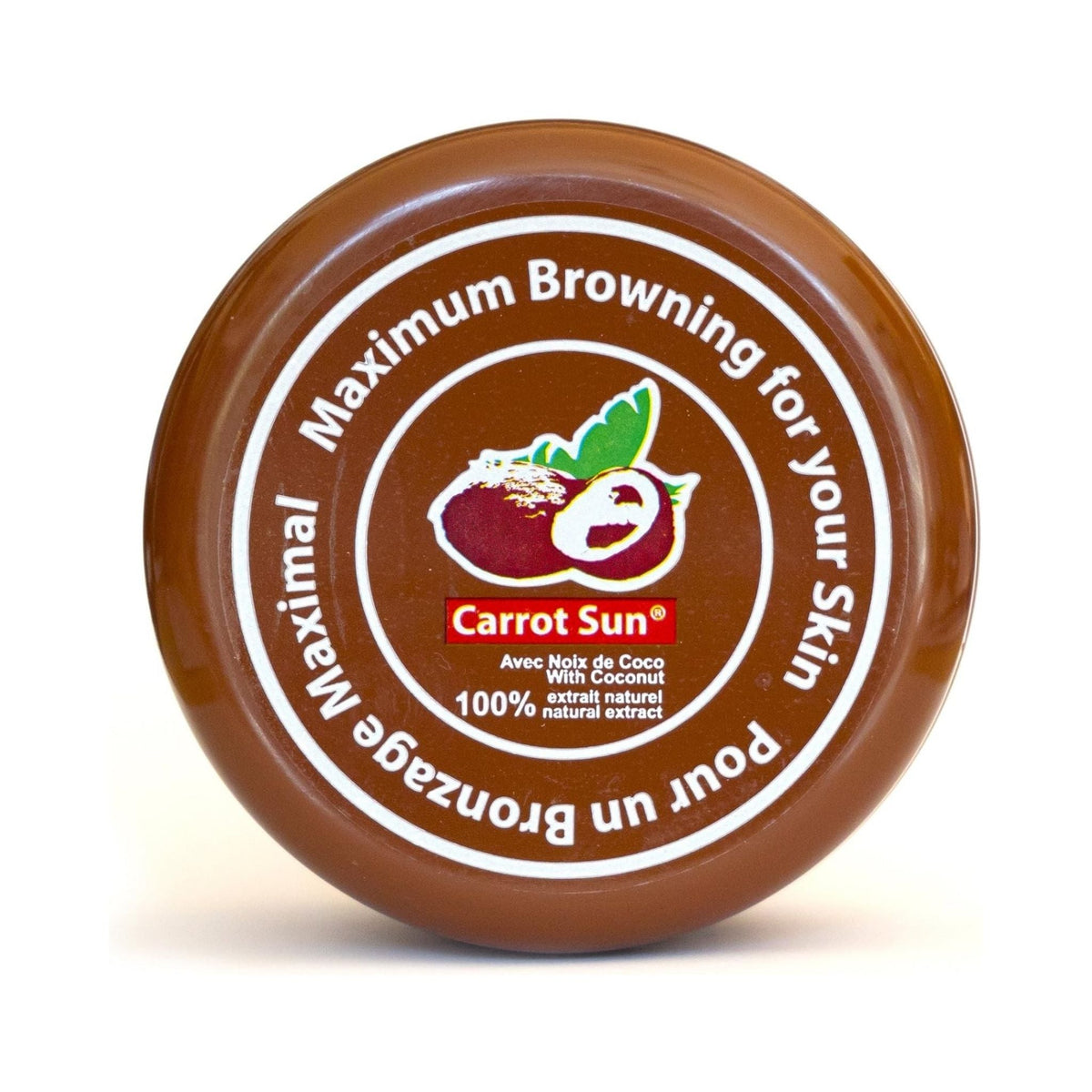 Refect Beauty Carrot Sun Coconut tanning cream in a brown circular jar for a deep sun-kissed glow.