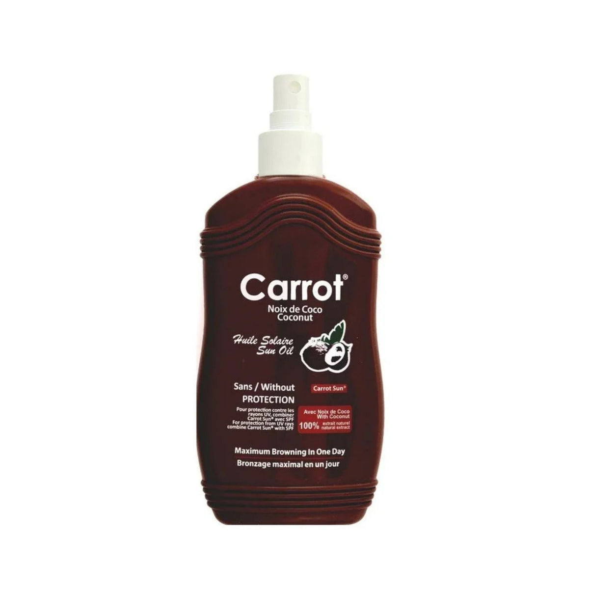 Refect Beauty Carrot Sun Coconut tanning oil spray in a dark brown bottle for a smooth sun-kissed glow.