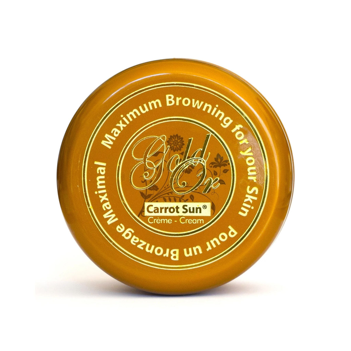 Refect Beauty Carrot Sun Gold Cream in a round golden container for achieving a deep, radiant sun-kissed tan.