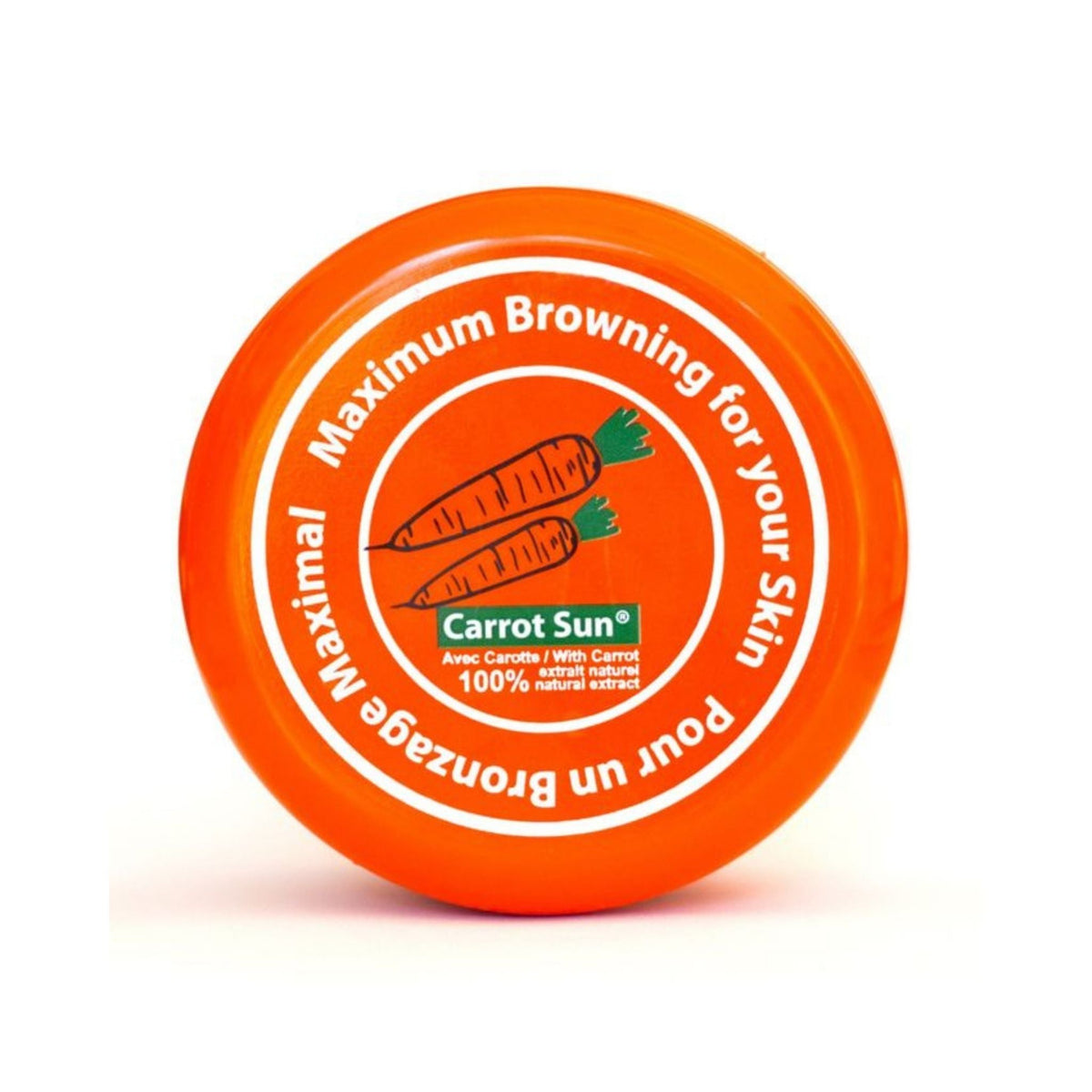 Refect Beauty Carrot Sun tanning accelerator cream in a bright orange round container with carrot illustration