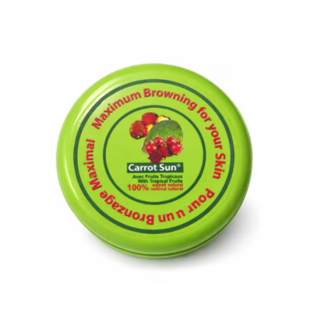 Refect Beauty Carrot Sun Tropical Fruits tanning cream in a round green jar for a deep sun-kissed glow.
