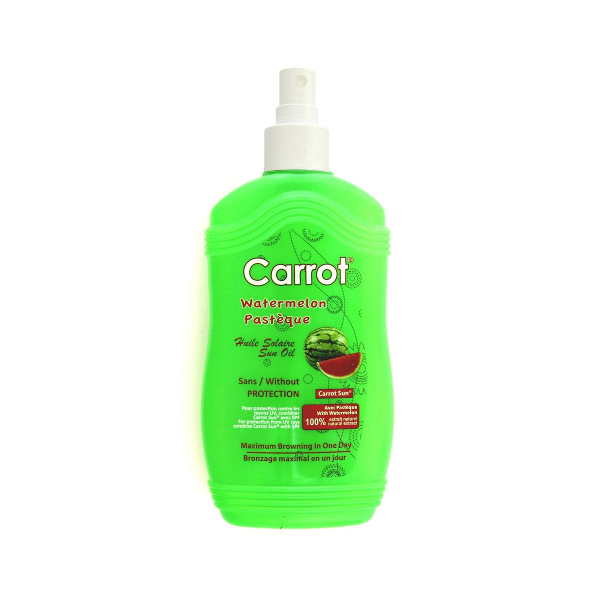 Refect Beauty Carrot Sun Watermelon tanning oil spray in a bright green bottle for a deep sun-kissed glow.