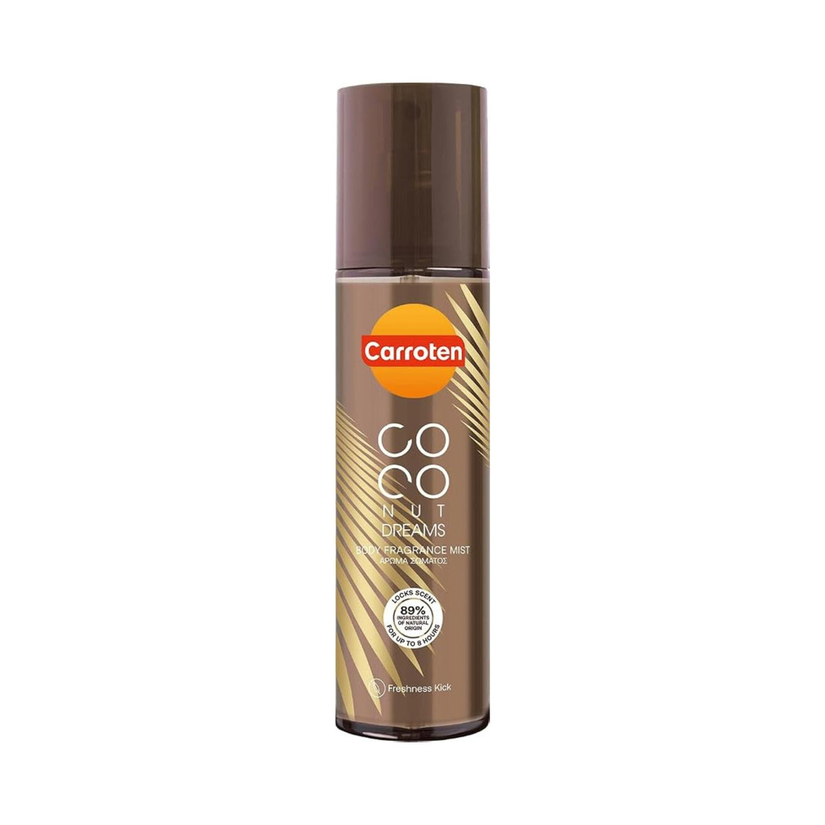 Refect Beauty Carroten Coconut Dreams body fragrance mist in a brown spray bottle with tropical leaf design.