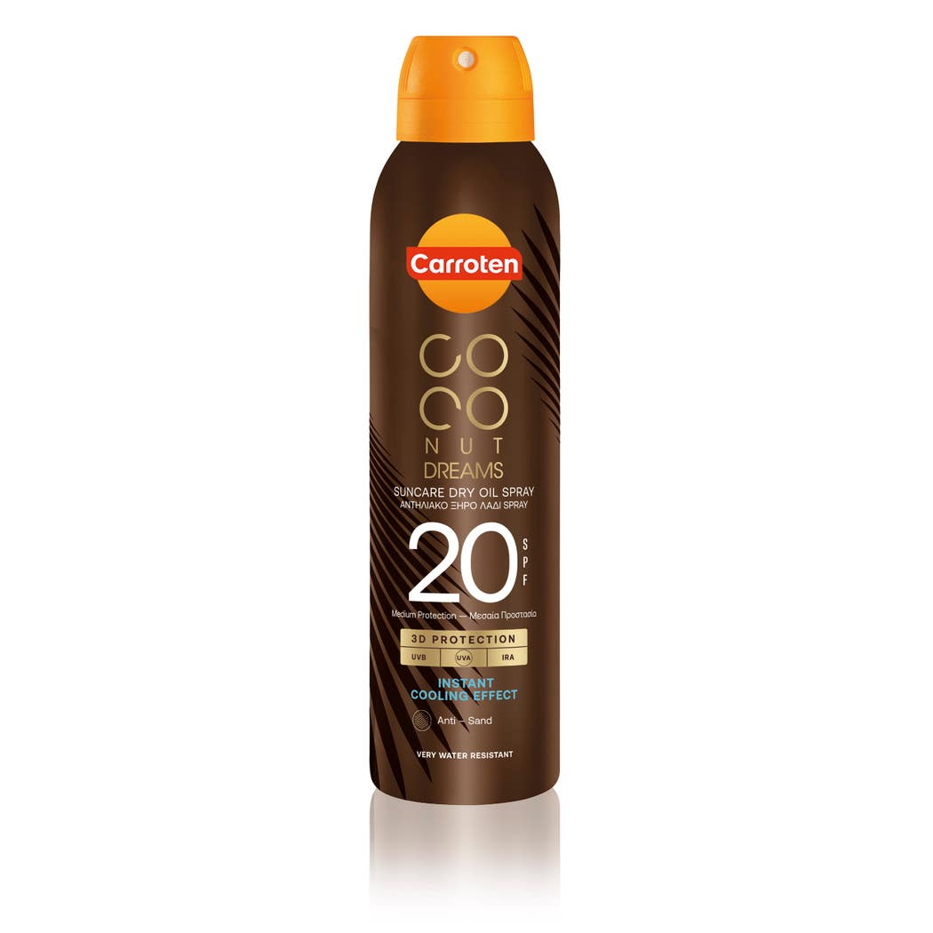Refect Beauty Carroten Coconut Dreams SPF 20 dry oil spray bottle for sun protection and tanning enhancement.