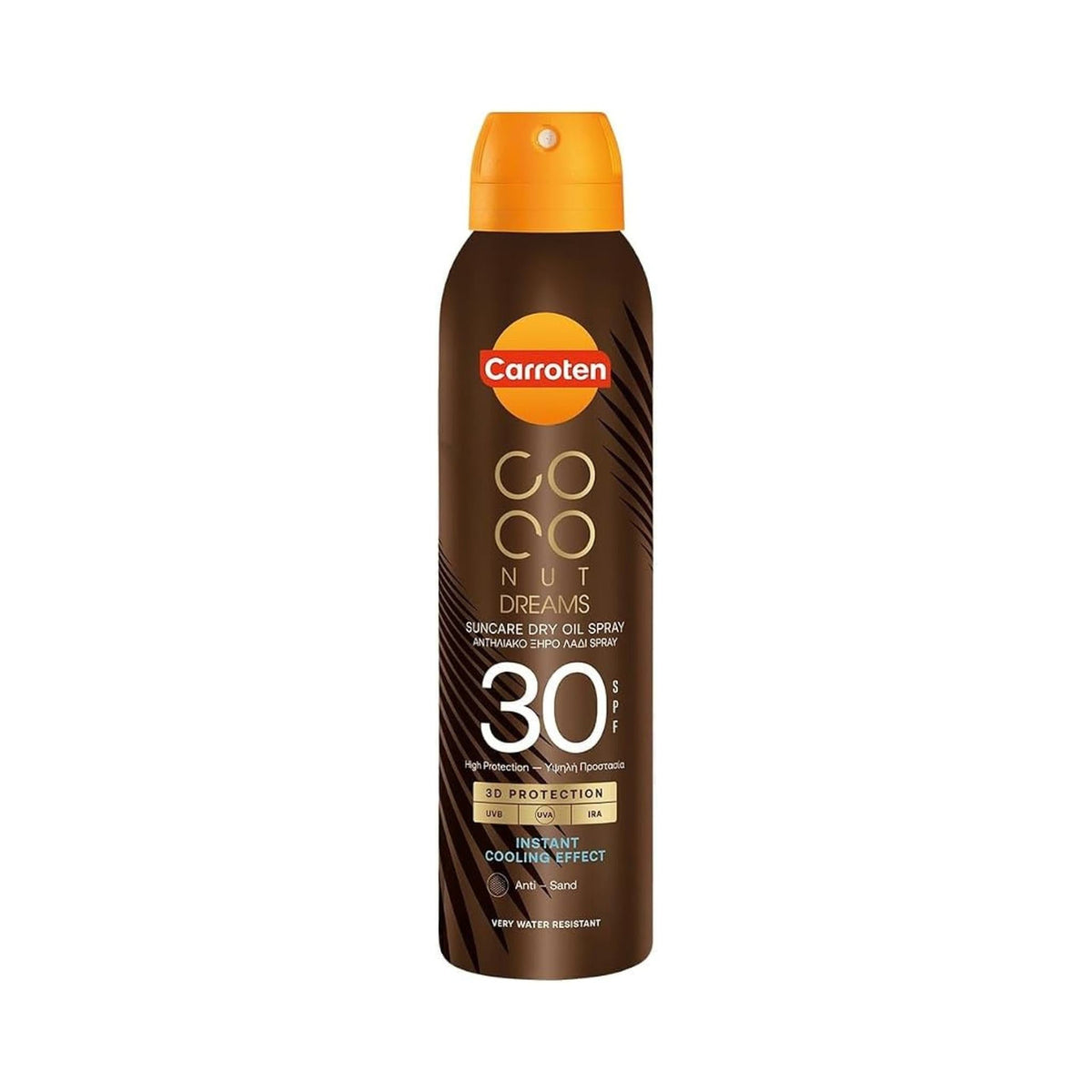 Refect Beauty Carroten Coconut Dreams SPF 30 dry oil spray bottle with a brown finish and orange cap