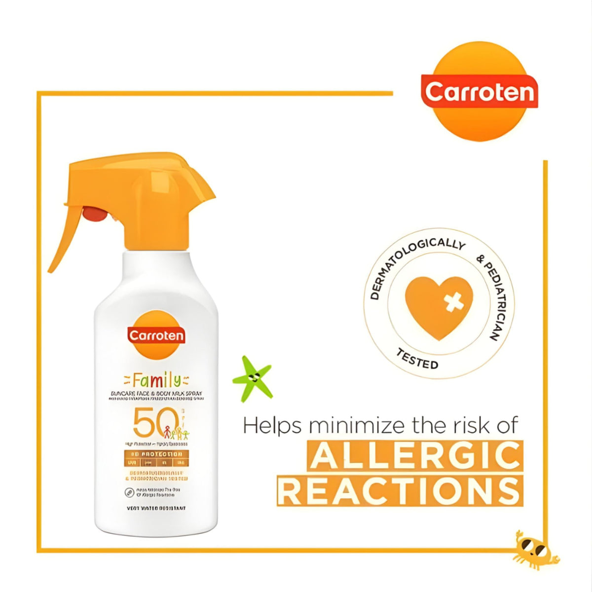 Refect Beauty Carroten Family Milk Spray SPF 50 in a white bottle with an orange trigger sprayer for sun protection.