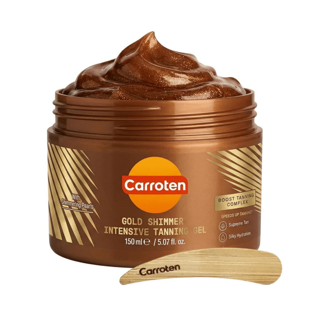 Refect Beauty Carroten Gold Shimmer Intense Tanning Gel in a brown jar with a wooden applicator scoop