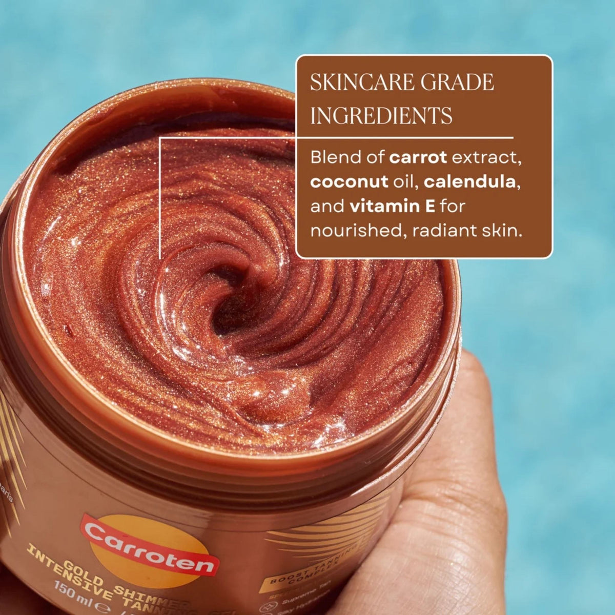 Refect Beauty Carroten Gold Shimmer Intense Tanning Gel in an open jar showing the bronze, glittery gel texture.
