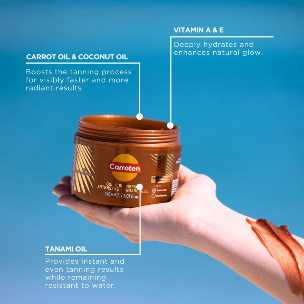 Refect Beauty Carroten Gold Shimmer Intense Tanning Gel in a hand with product swatch against a blue background
