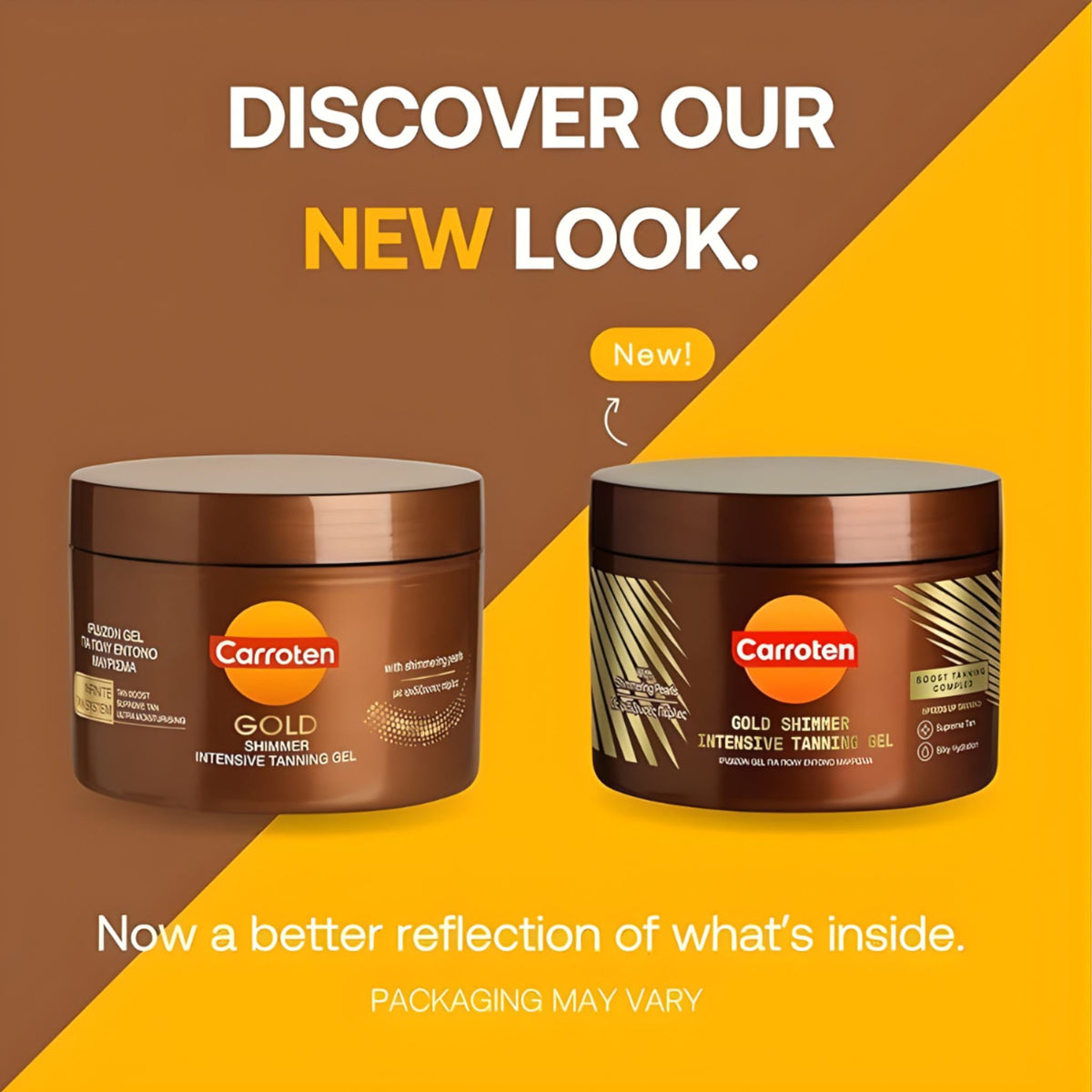 Refect Beauty Carroten Gold Shimmer Tanning Gel jars showing old and new packaging designs for a radiant summer tan.