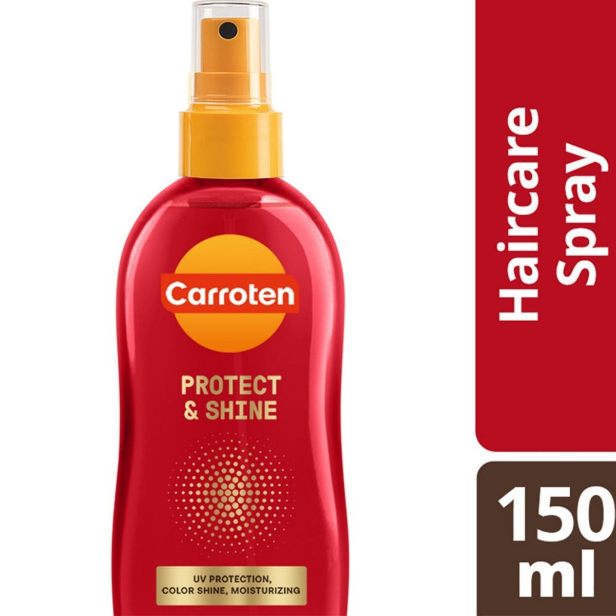 Refect Beauty Carroten Protect & Shine hair spray bottle in red packaging with UV protection and moisturizing formula