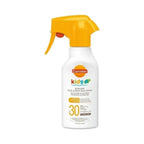 Refect Beauty Carroten Kids SPF 30 face and body milk sunscreen spray in a white bottle with a yellow trigger nozzle.