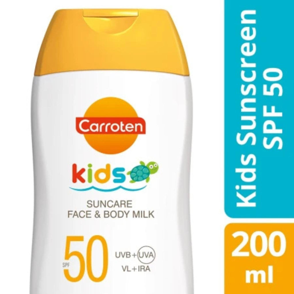 Refect Beauty Carroten Kids SPF 50 face and body sunscreen milk in a white bottle with a yellow cap.
