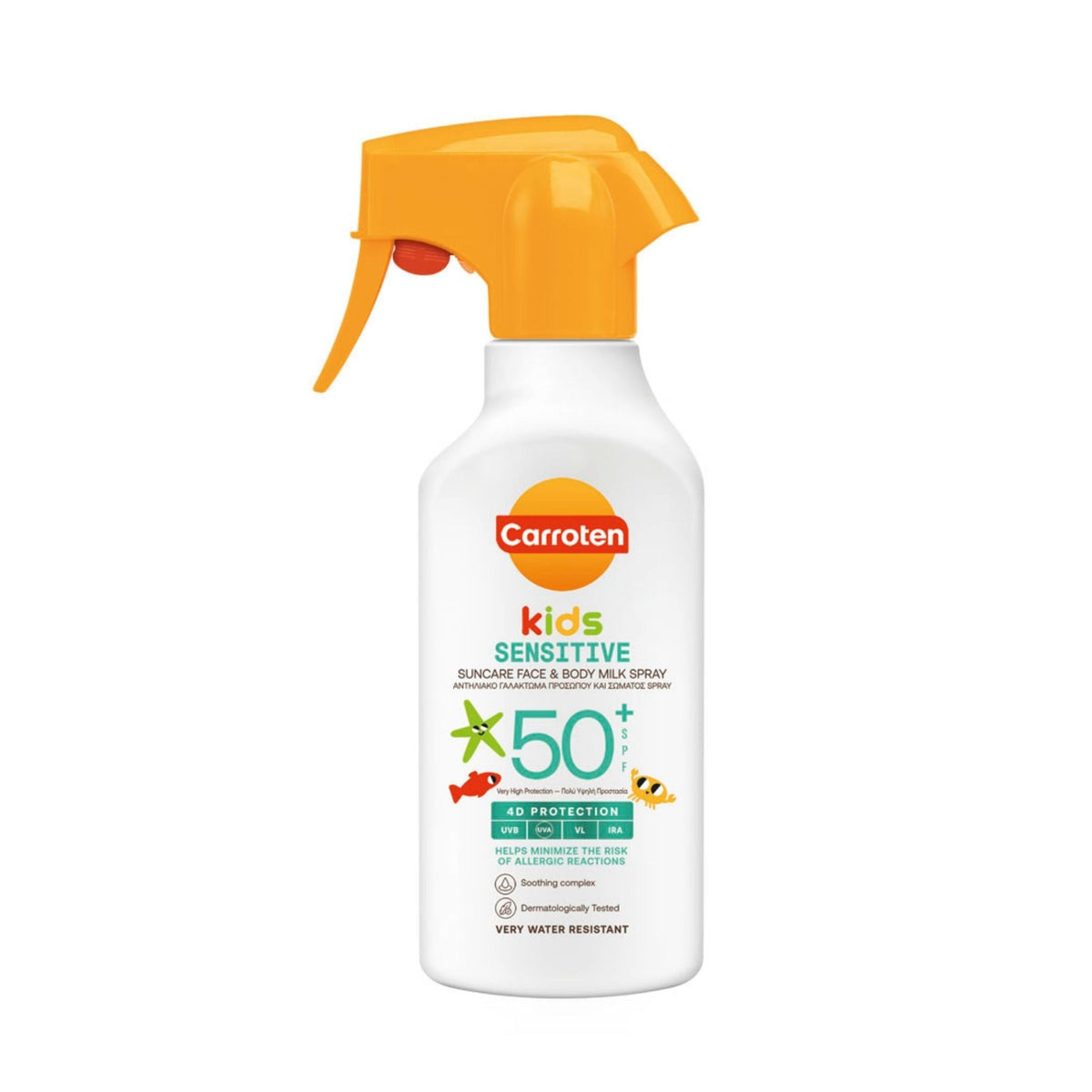 Refect Beauty Carroten Kids Sensitive SPF 50+ sunscreen milk spray bottle for face and body protection