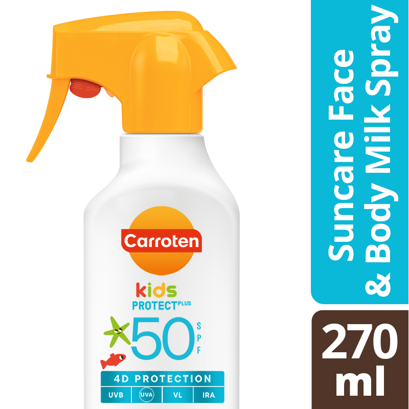 Refect Beauty Carroten Kids SPF 50 suncare milk spray bottle with yellow trigger for face and body protection