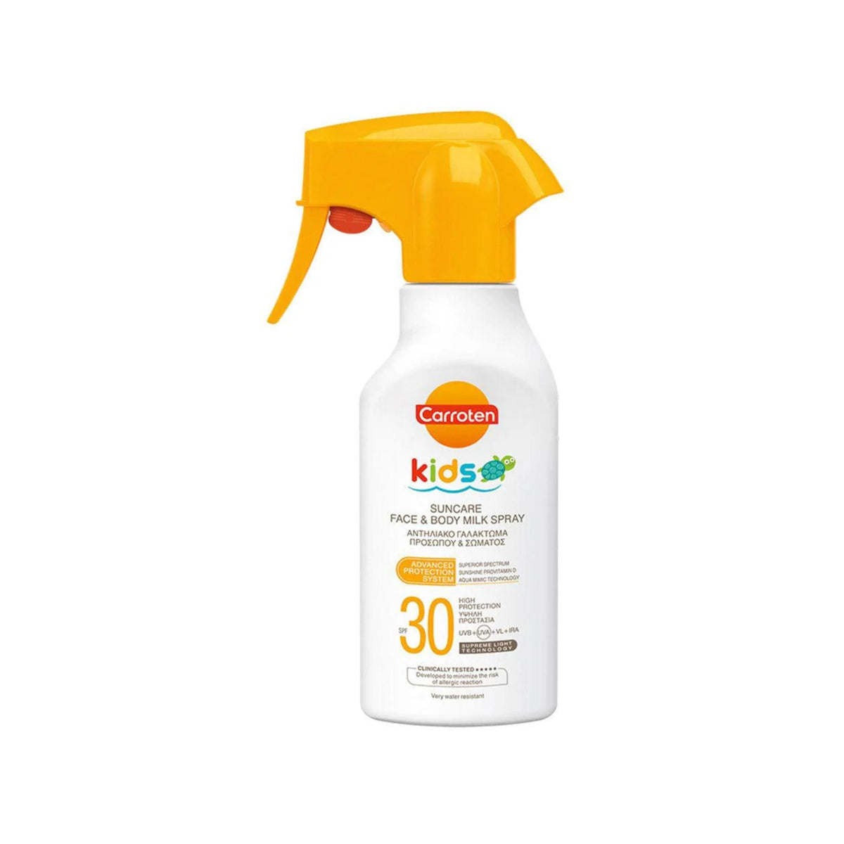 Refect Beauty Carroten Suncare Kids Milk Spray SPF 30 in a white bottle with a bright yellow trigger spray nozzle.