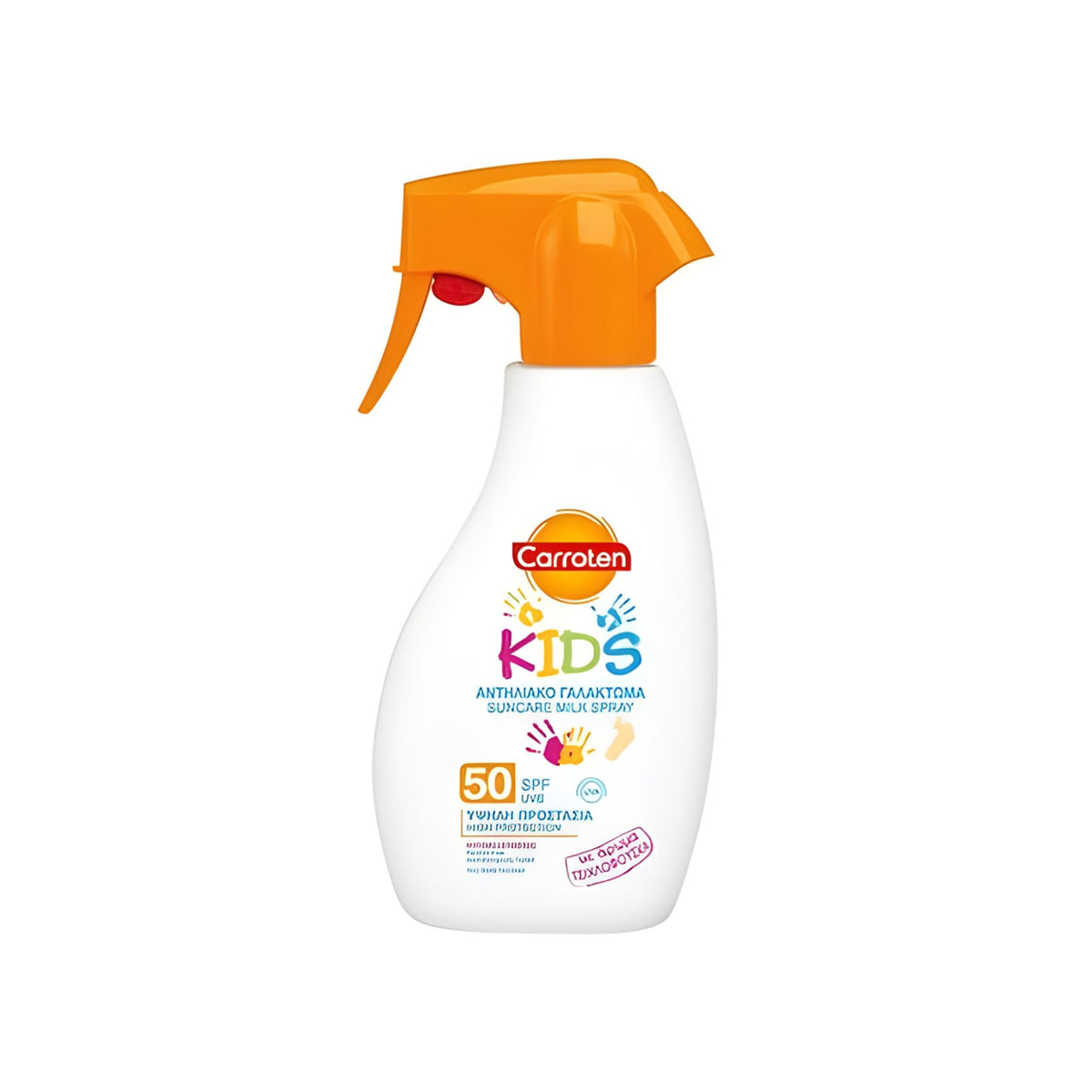 Refect Beauty Carroten Kids Milk Spray SPF 50 in a white bottle with an orange trigger sprayer for sun protection.
