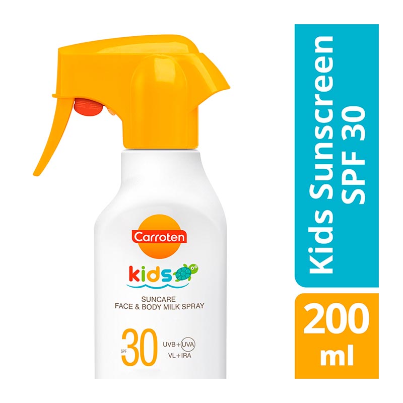 Refect Beauty Carroten Kids SPF 30 face and body milk sunscreen spray in a white bottle with a yellow trigger nozzle.