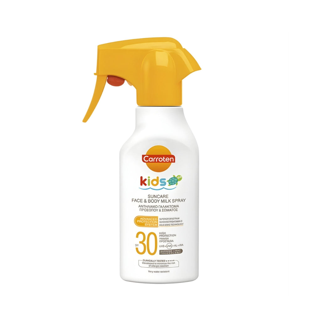 Refect Beauty Carroten Kids SPF 30 face and body milk sunscreen spray in a white bottle with a yellow trigger nozzle