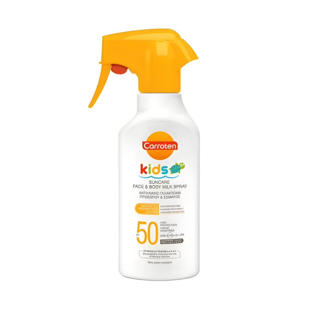 Refect Beauty Carroten Kids SPF 50 face and body milk sunscreen spray in a white bottle with a yellow trigger nozzle