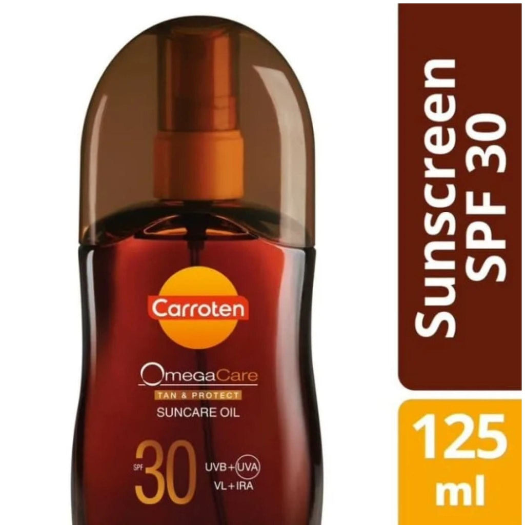 Refect Beauty Carroten Omega Care SPF 30 tanning oil spray in a 125ml brown bottle for radiant sun protection.