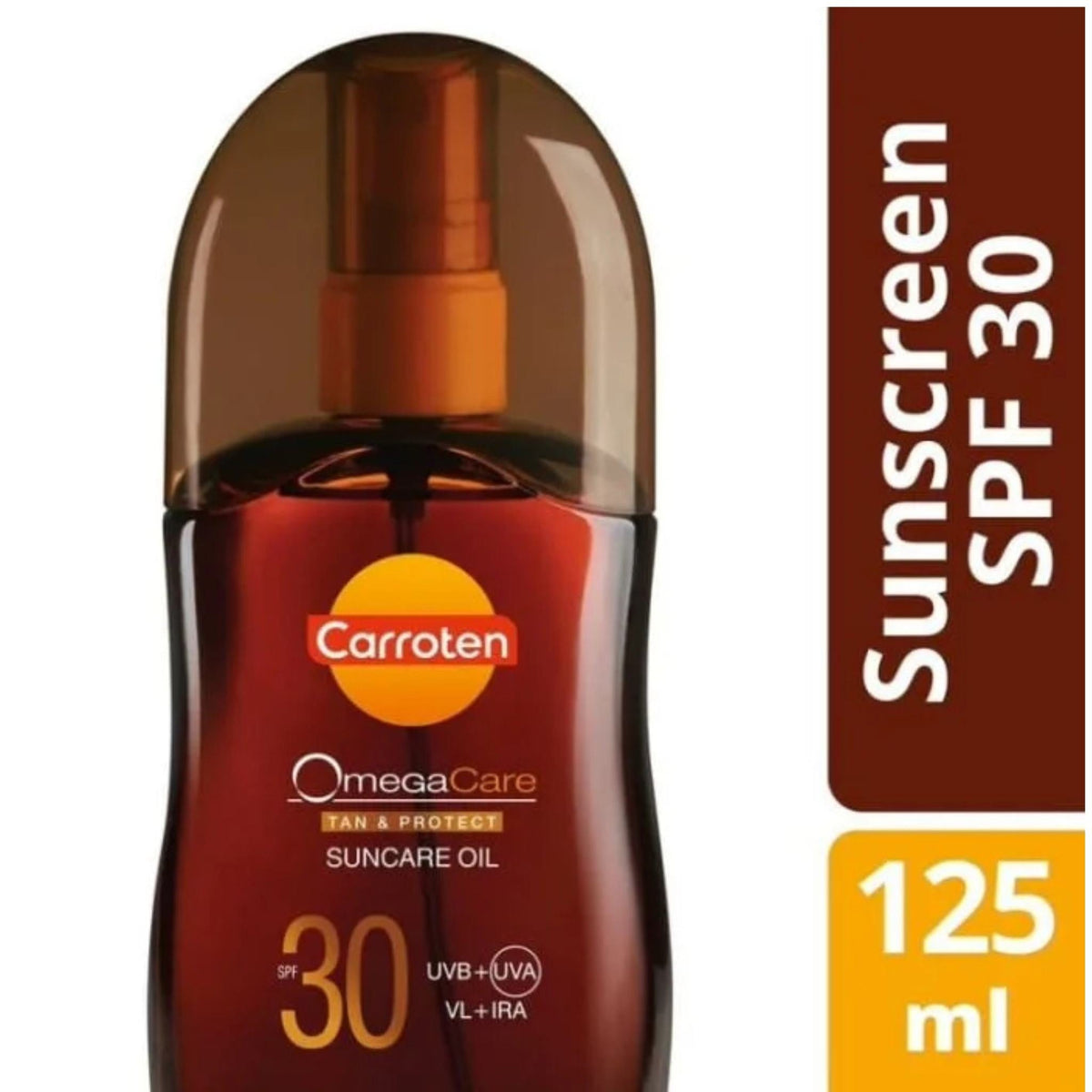 Refect Beauty Carroten Omega Care SPF 30 tanning oil spray in a 125ml brown bottle for radiant sun protection.